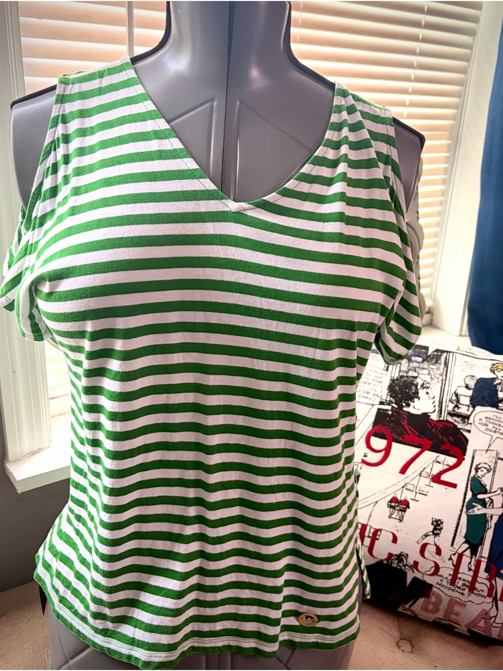 Michael Kors Green and White Striped Cold-Shoulder V-Neck Tee